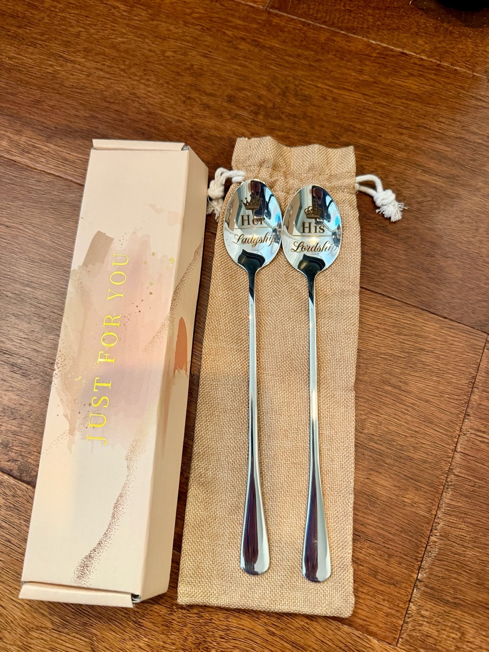 Engraved 'His' and 'Hers' Long Handle Spoons - Silver Tone